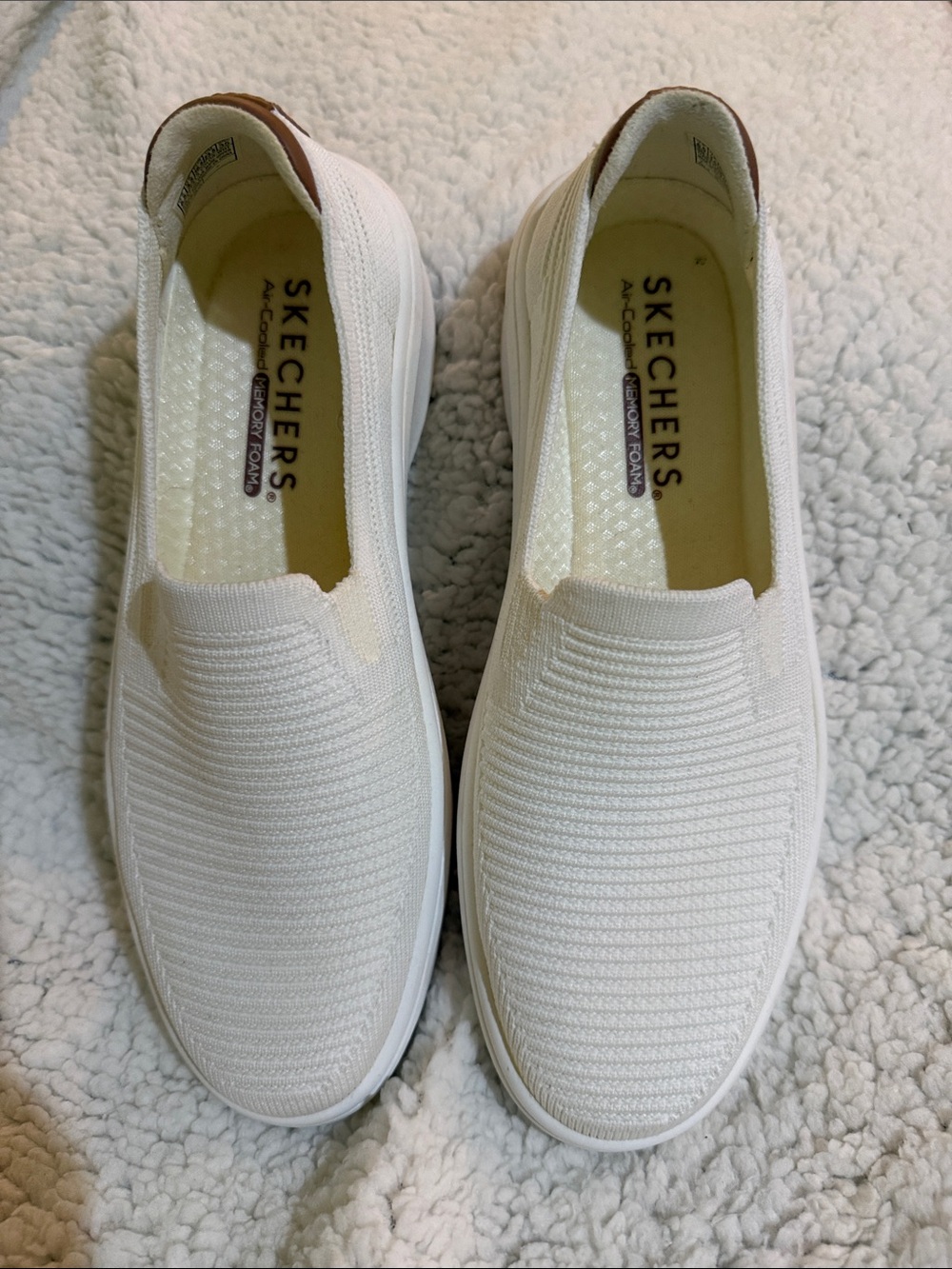 Skechers Women’s White Knit Slip-On Loafers with Brown Heel Tab